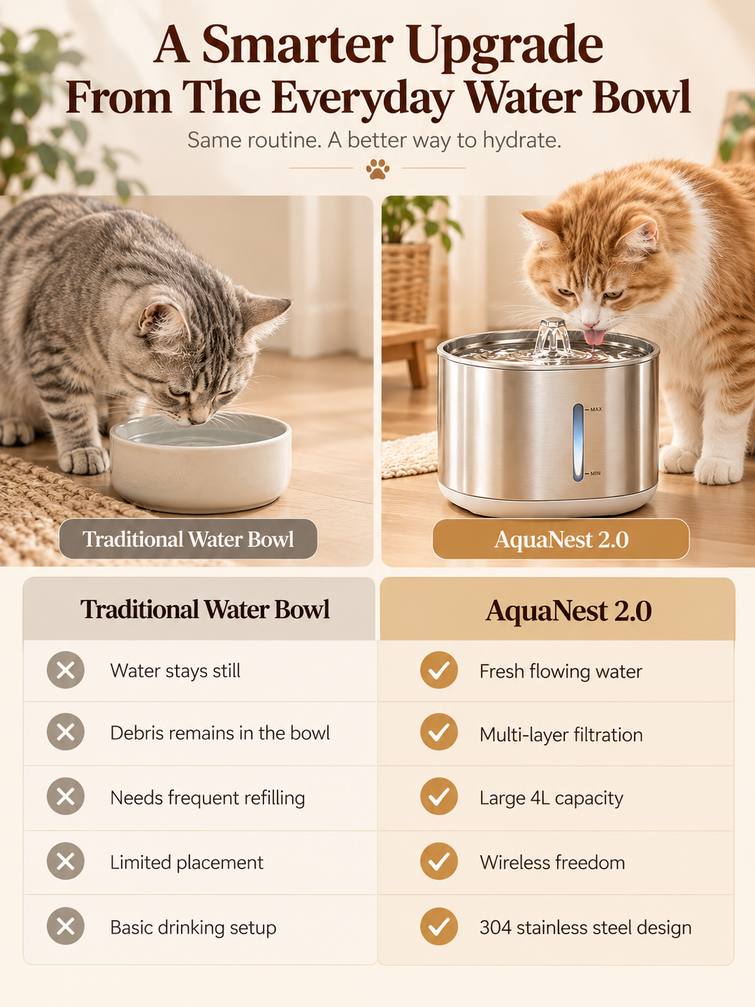 AquaNest 2.0 Wireless Stainless Steel Cat Fountain.
